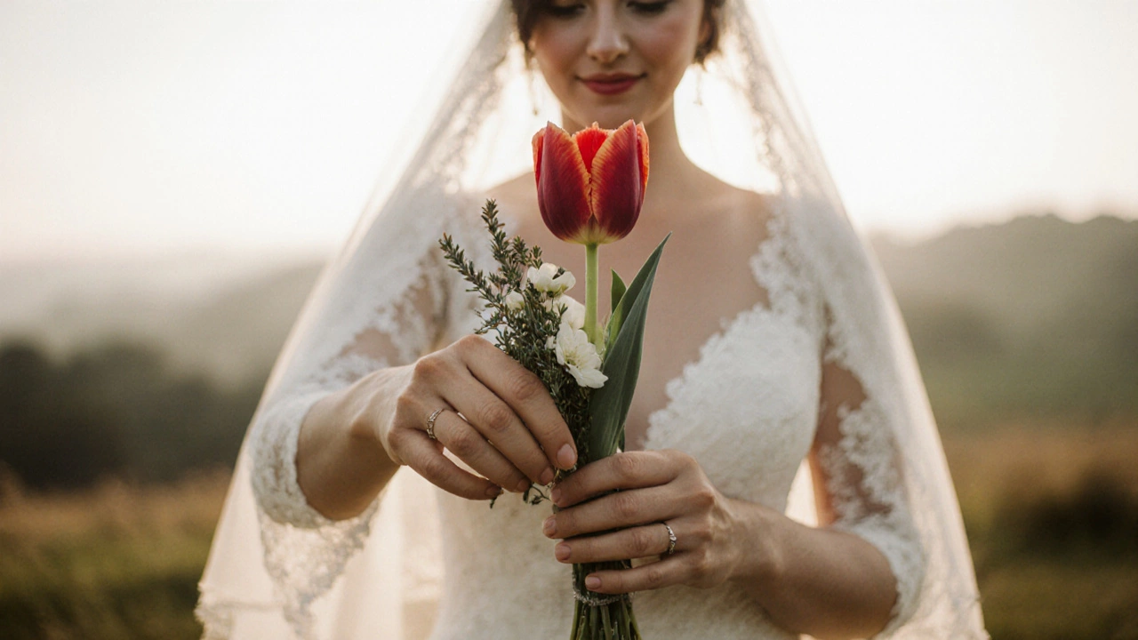 Bride&#039;s hand touching a red tulip with wild thyme in her bouquet.