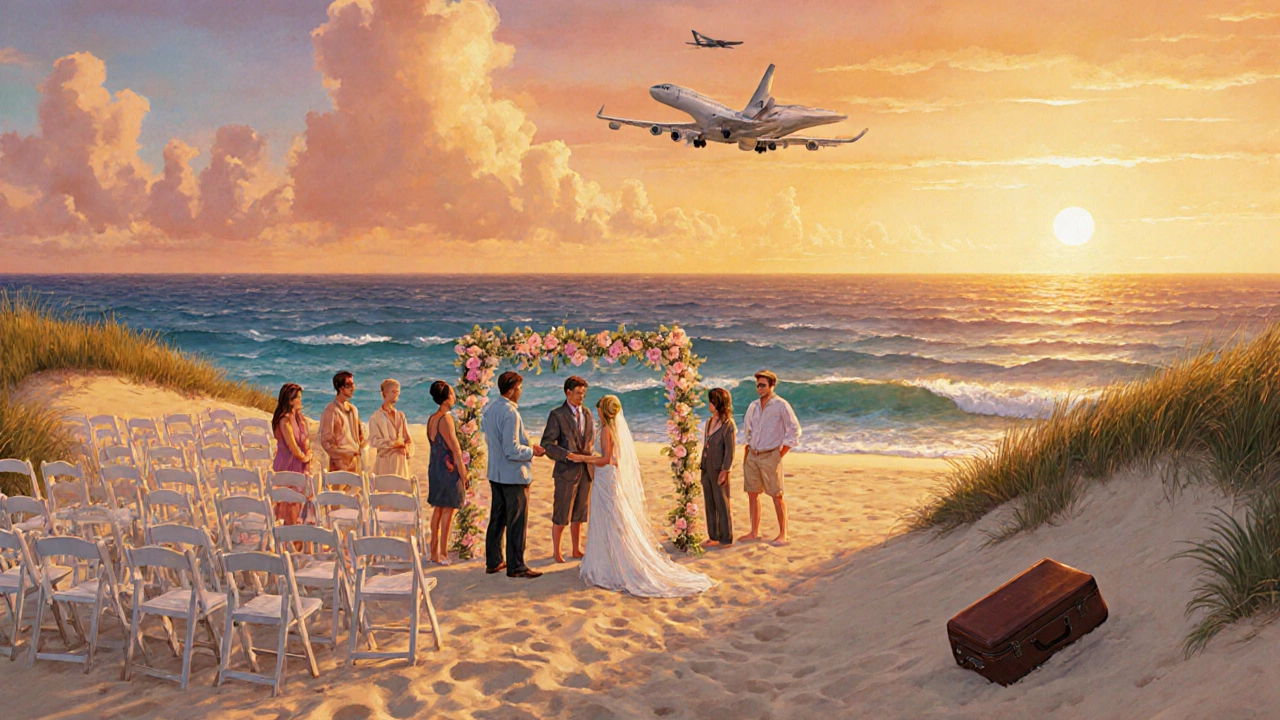 Small group of guests at a beach wedding with many empty chairs lining the sand at sunset.