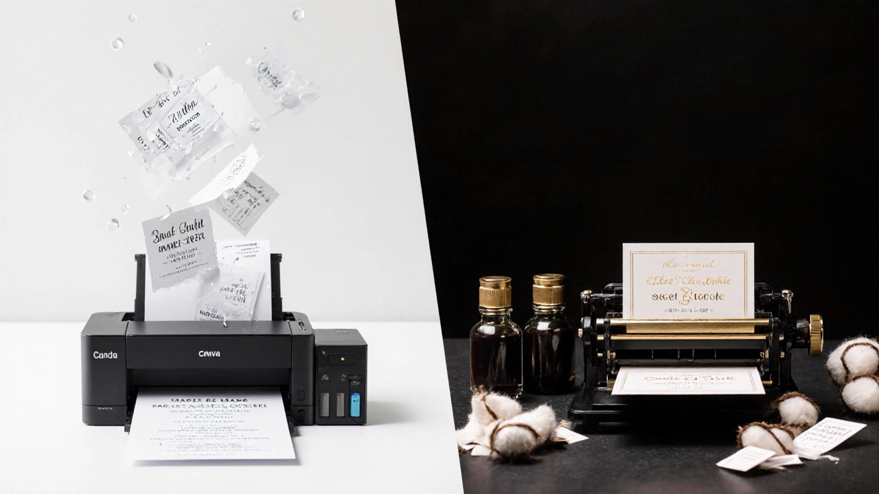 Split scene: home printer making DIY cards on left, luxury letterpress with gold foil on right, plant-based inks and paper scraps.