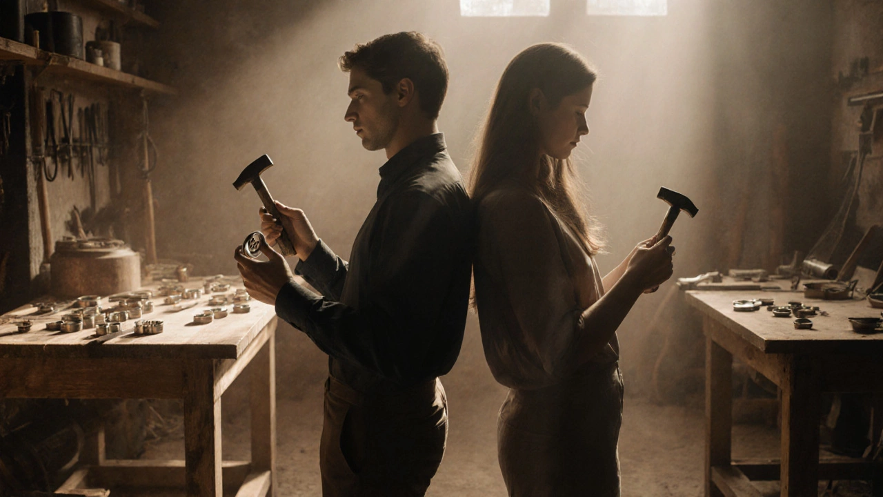 Two people imprinting initials into matching titanium bands in an artisan studio.