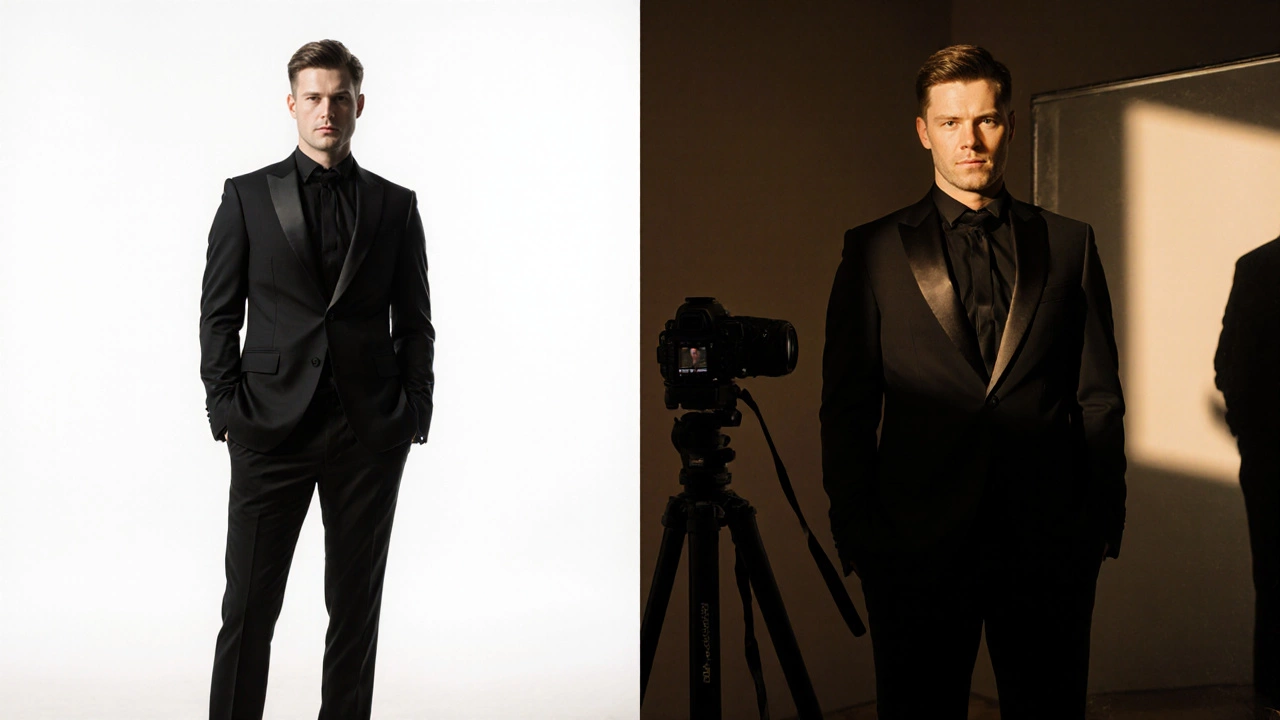 Two sides of a groom in black suit: one in harsh daylight, one in warm indoor lighting.