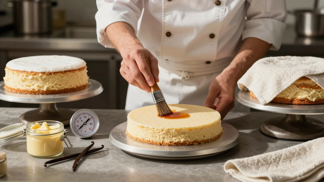 A baker brushing alcohol onto a cake layer with butter, vanilla beans, and a thermometer nearby.