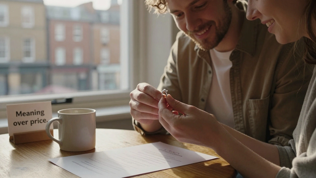 A couple admires a simple lab-grown diamond ring in natural morning light, surrounded by thoughtful notes.