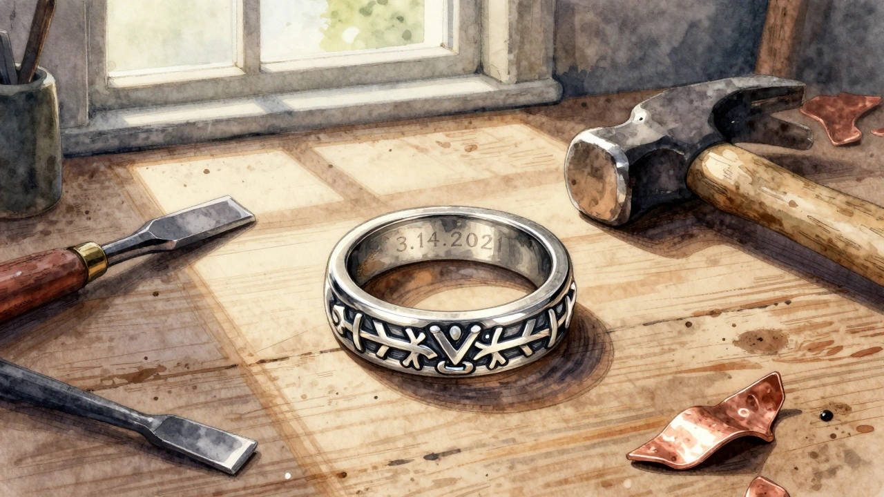 A hand-forged silver Claddagh ring on a workbench with tools and recycled metal.