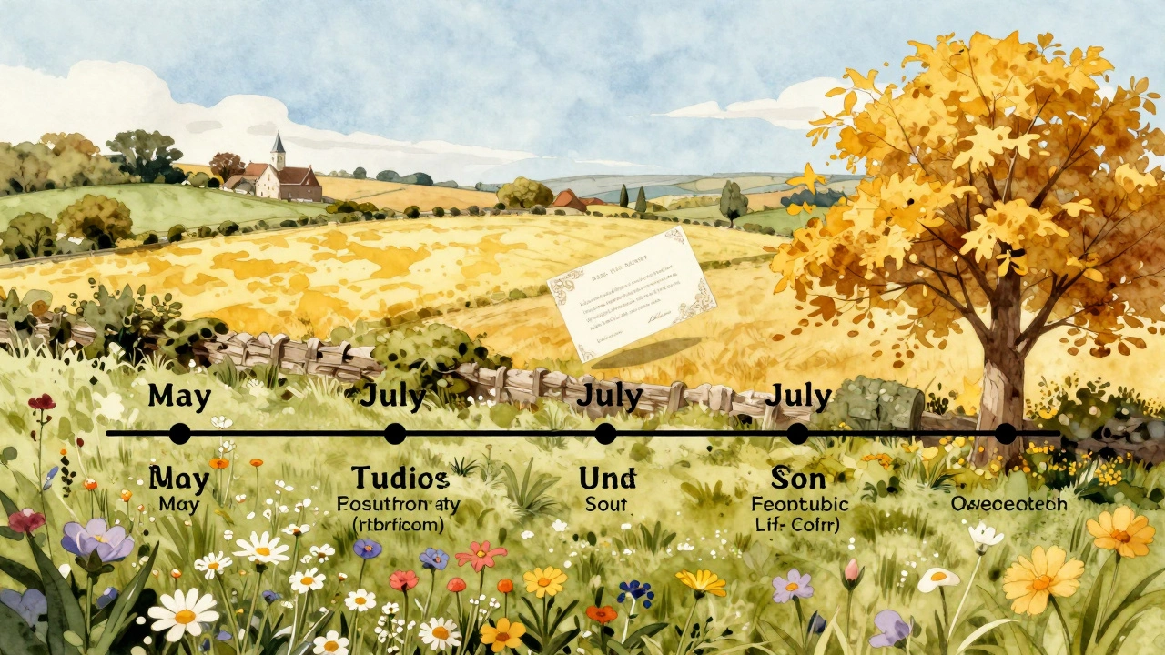 A seasonal countryside scene with a floating wedding invitation between spring, summer, and autumn.