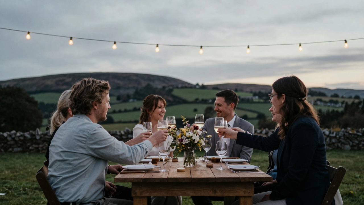 A small, intimate wedding reception at dusk with wildflowers and string lights under a twilight sky.