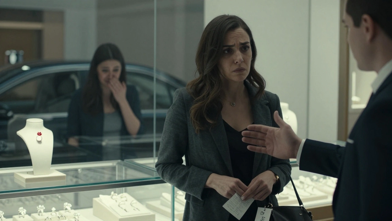 A woman looks distressed as a jeweler pushes an expensive ring, reflected in glass with a memory of crying.