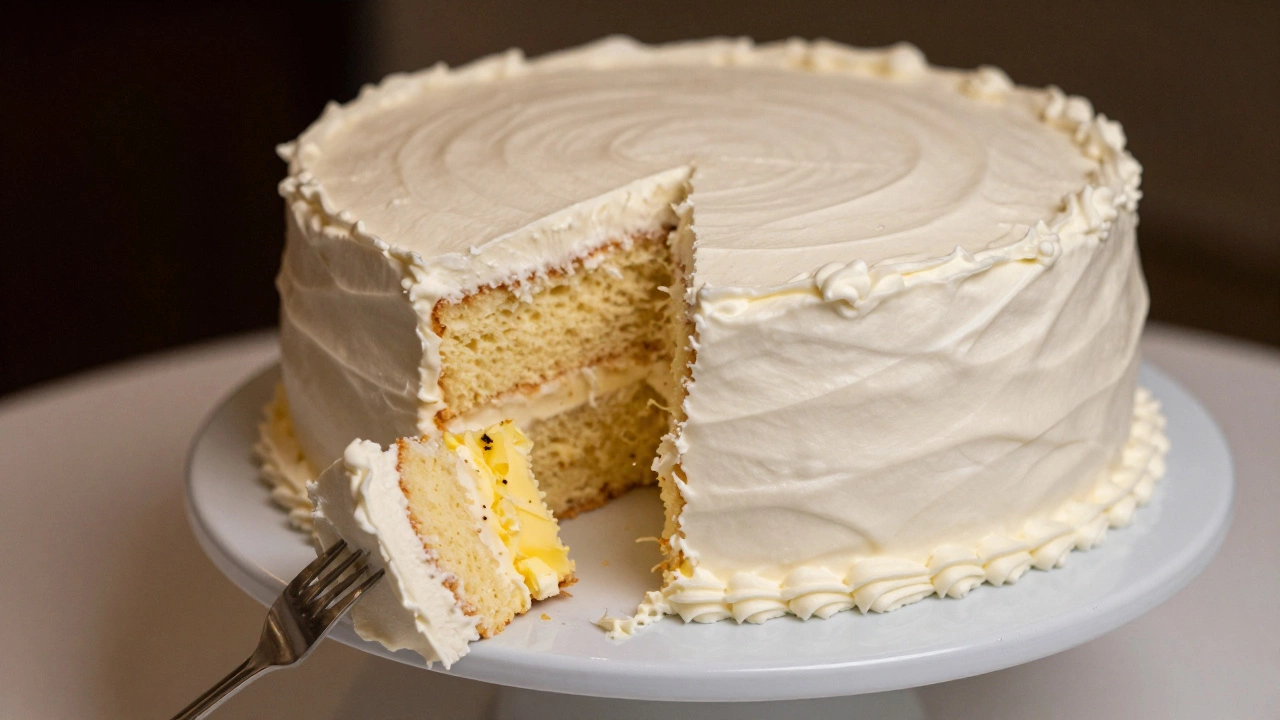 An empty cake stand with a fork beside a partially eaten slice, conveying quiet elegance and rich flavor.