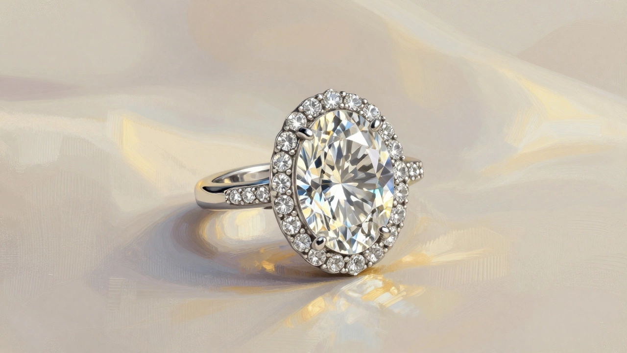 An oval diamond with a halo setting on a platinum band, glowing softly against a silk backdrop.