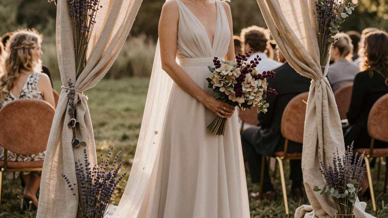 Bride under a clay linen arch with lavender, holding a bouquet of burgundy berries and muted hydrangeas.