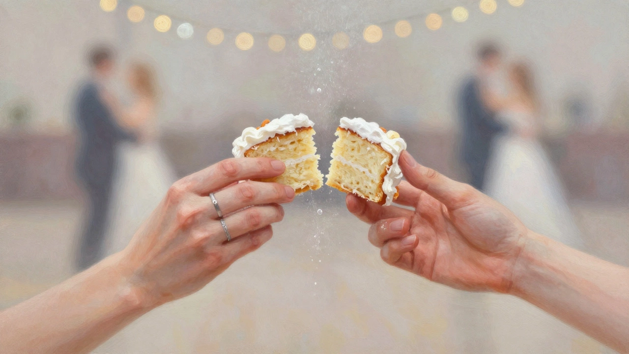 Close-up of hands feeding each other cake slice, sugar dusting the air, fairy lights softly blurred behind.