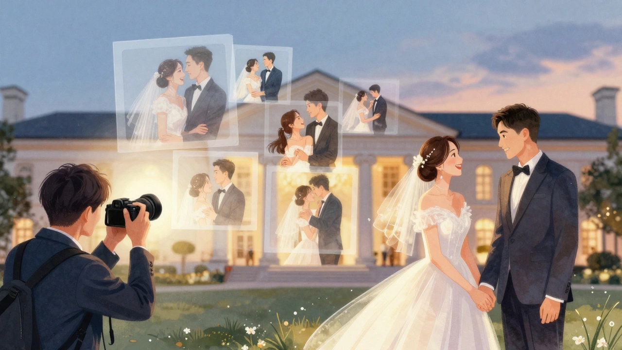 Couple at dusk being photographed, with floating images of their wedding memories around them.