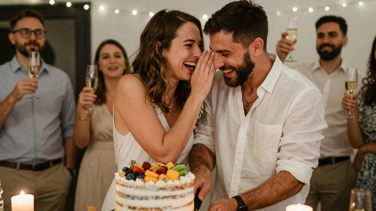 Couple laughing while cutting a rustic naked cake, string lights and candle glow, guests raising glasses nearby.