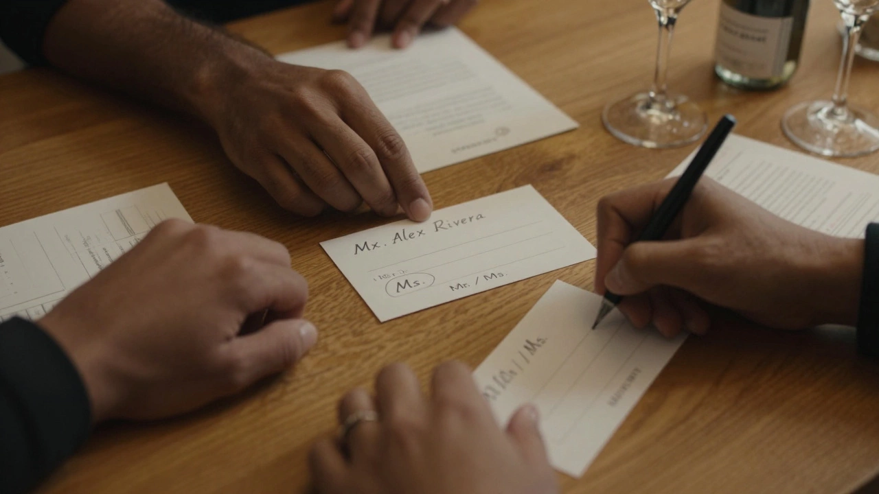 Diverse hands filling out RSVP cards with various titles like Mx. and Ms.