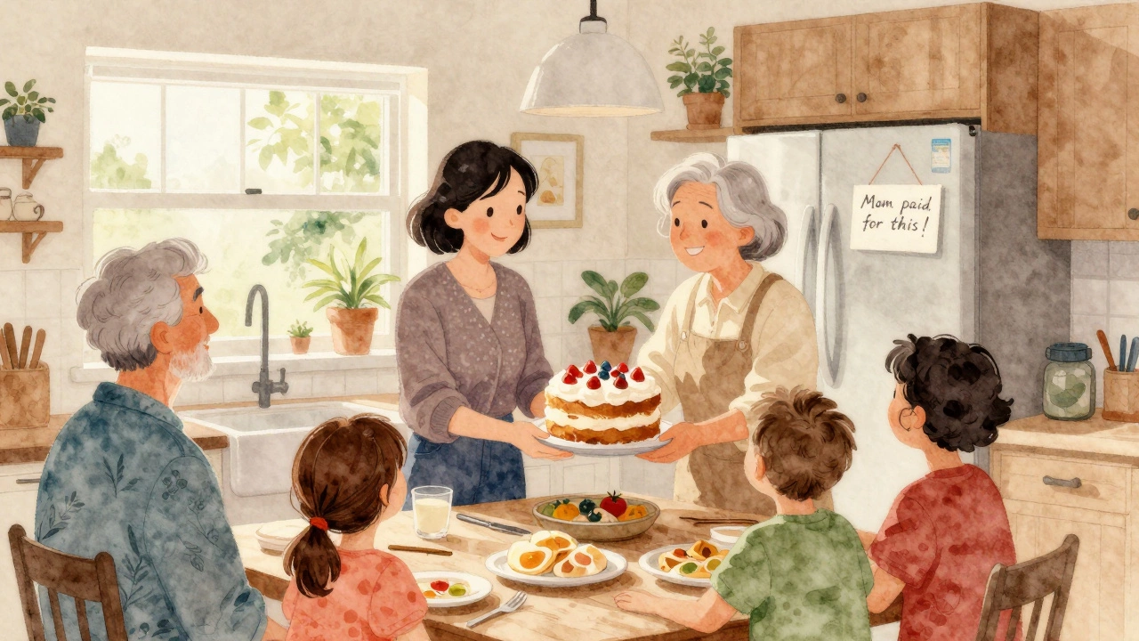 Family members sharing a homemade cake in a warm kitchen, grandparents smiling in the background.