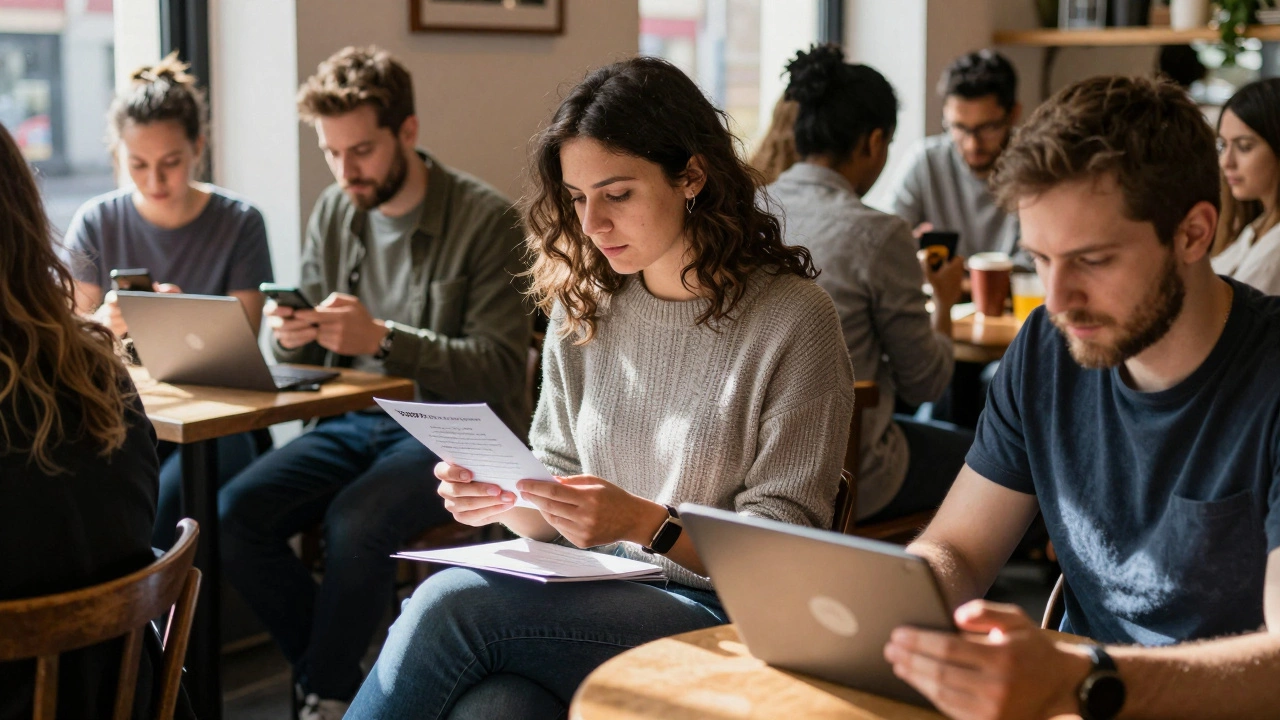 Guests in a café checking invitations on phones and tablets under natural light.
