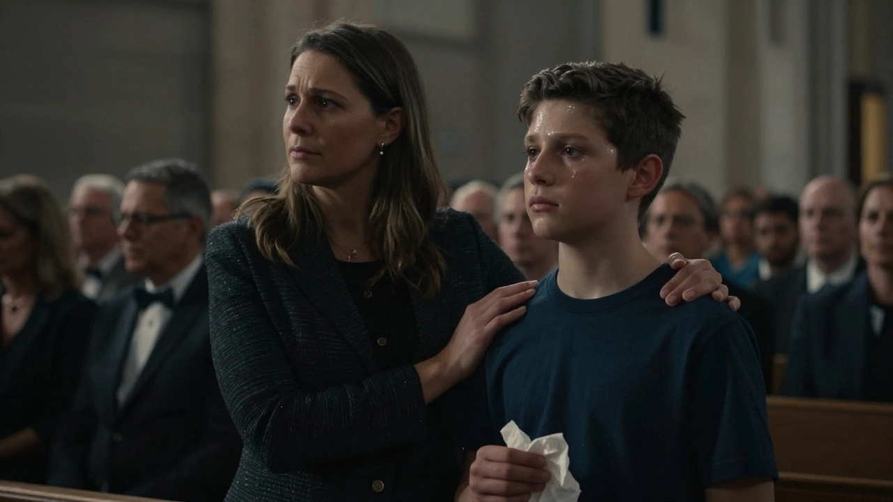 Mother gently placing her hand on her son&#039;s shoulder before his wedding ceremony.