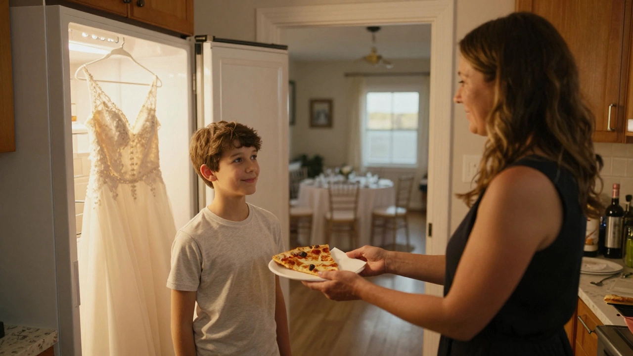 Mother giving her son a slice of pizza in the kitchen after the wedding reception.