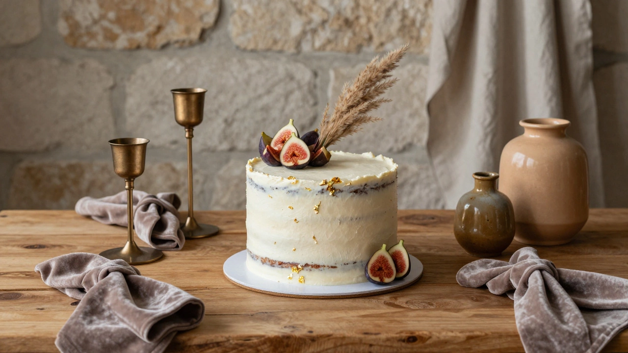 Naked wedding cake with figs and gold leaf on wood, beside velvet napkins and ceramic vases in earth tones.