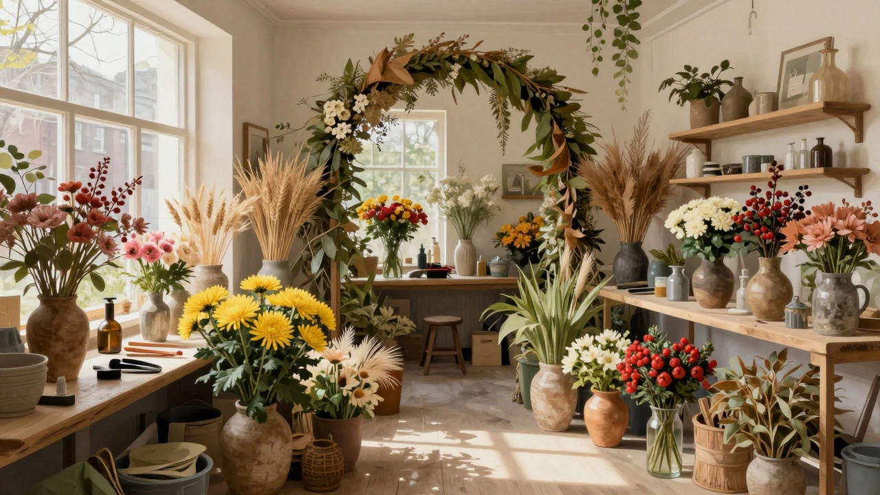November florist workshop with chrysanthemums, dried wheat, and berries in rustic arrangements.