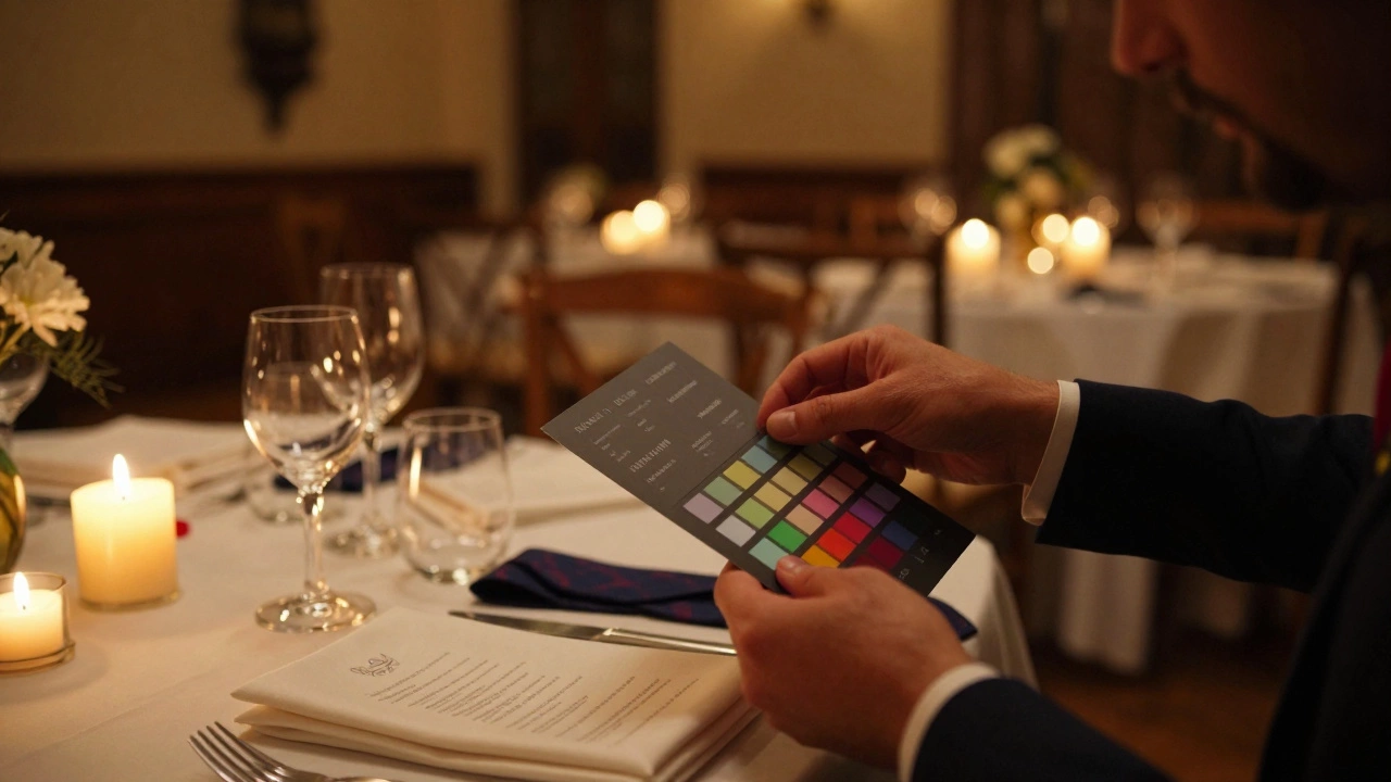 Photographer using gray card and color checker in candlelit hall with navy ties and ivory napkins.