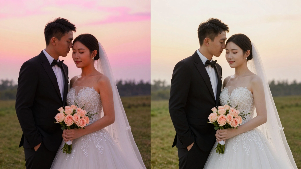 Side-by-side wedding photos: filtered orange tones vs. true-to-color natural tones.
