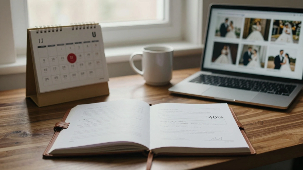 Signed photography contract and deposit check on desk with calendar marked for wedding date.