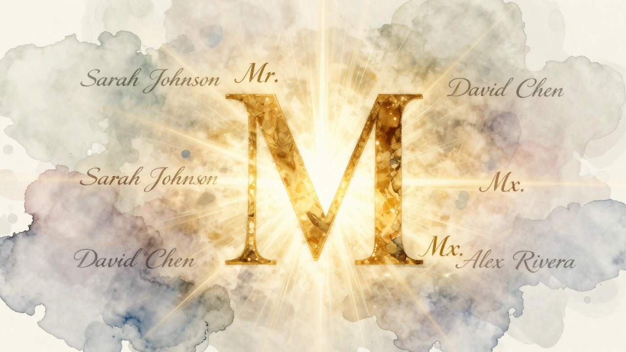 The letter &#039;M&#039; morphing into different honorifics with floating names around it.