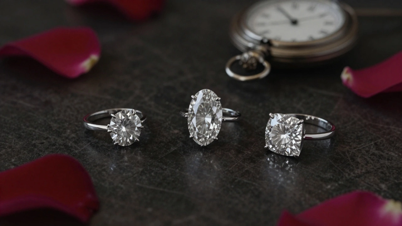 Three diamond shapes—round, oval, cushion—on platinum bands with rose petals and a pocket watch.