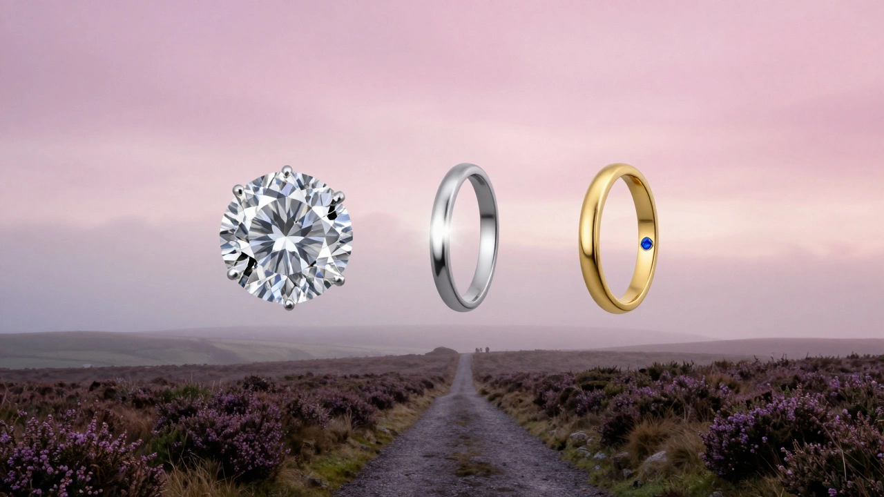 Three symbolic rings floating above an Irish heather landscape at dawn.