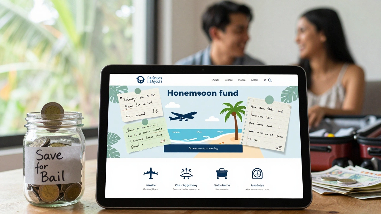Wedding website showing honeymoon fund with cash jar and suitcase nearby