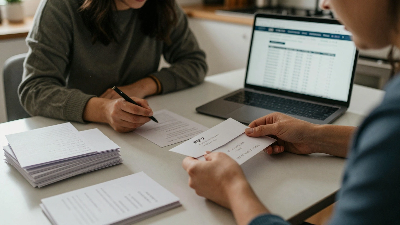 A couple hand-addressing wedding invitations at home with a laptop showing digital RSVPs.