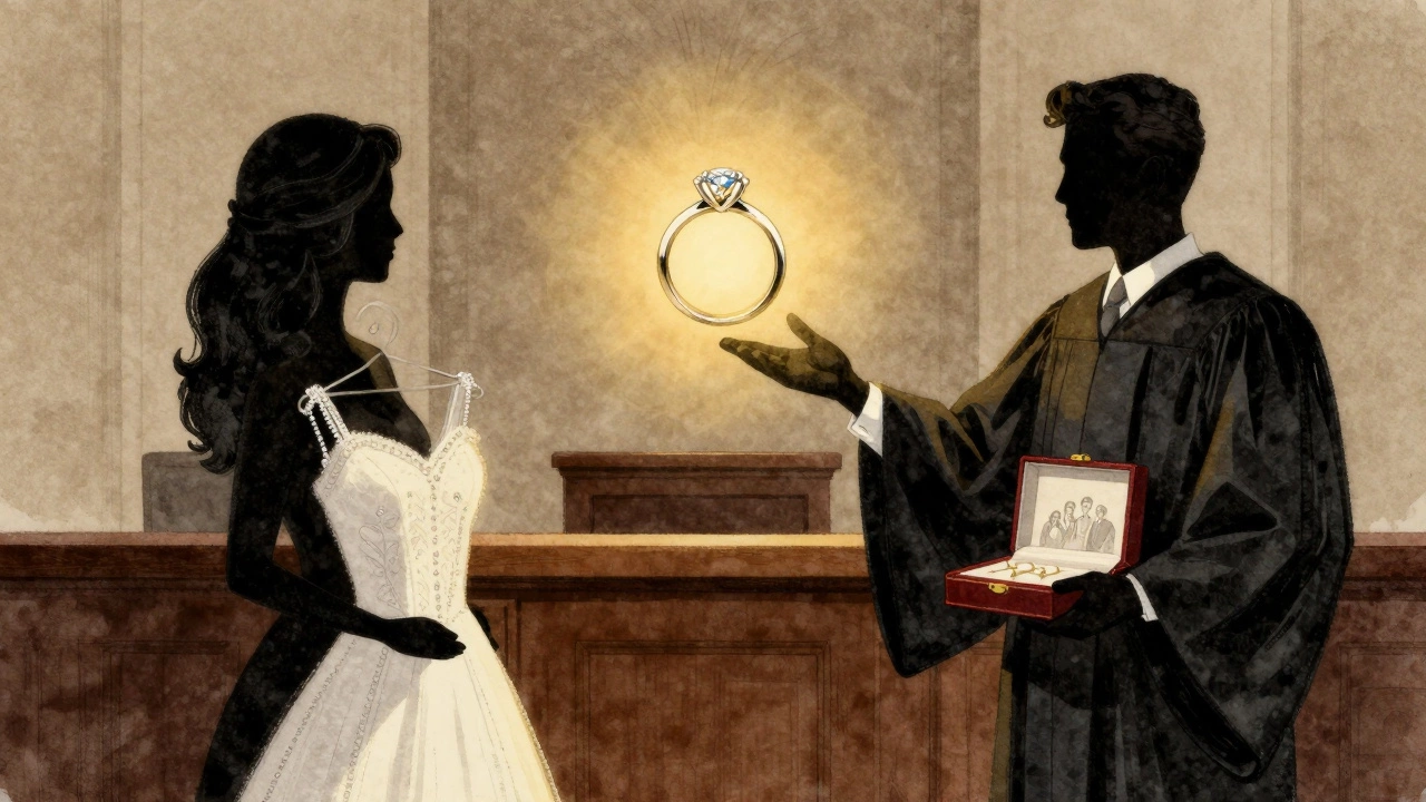 A courtroom scene with a floating ring between two figures, representing legal ownership after a broken engagement.