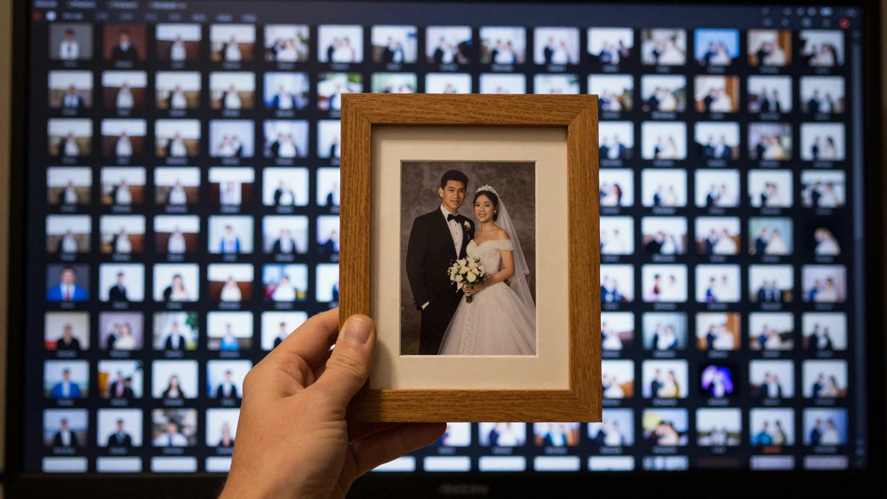 A framed wedding photo beside a dark screen filled with thousands of unopened raw files.