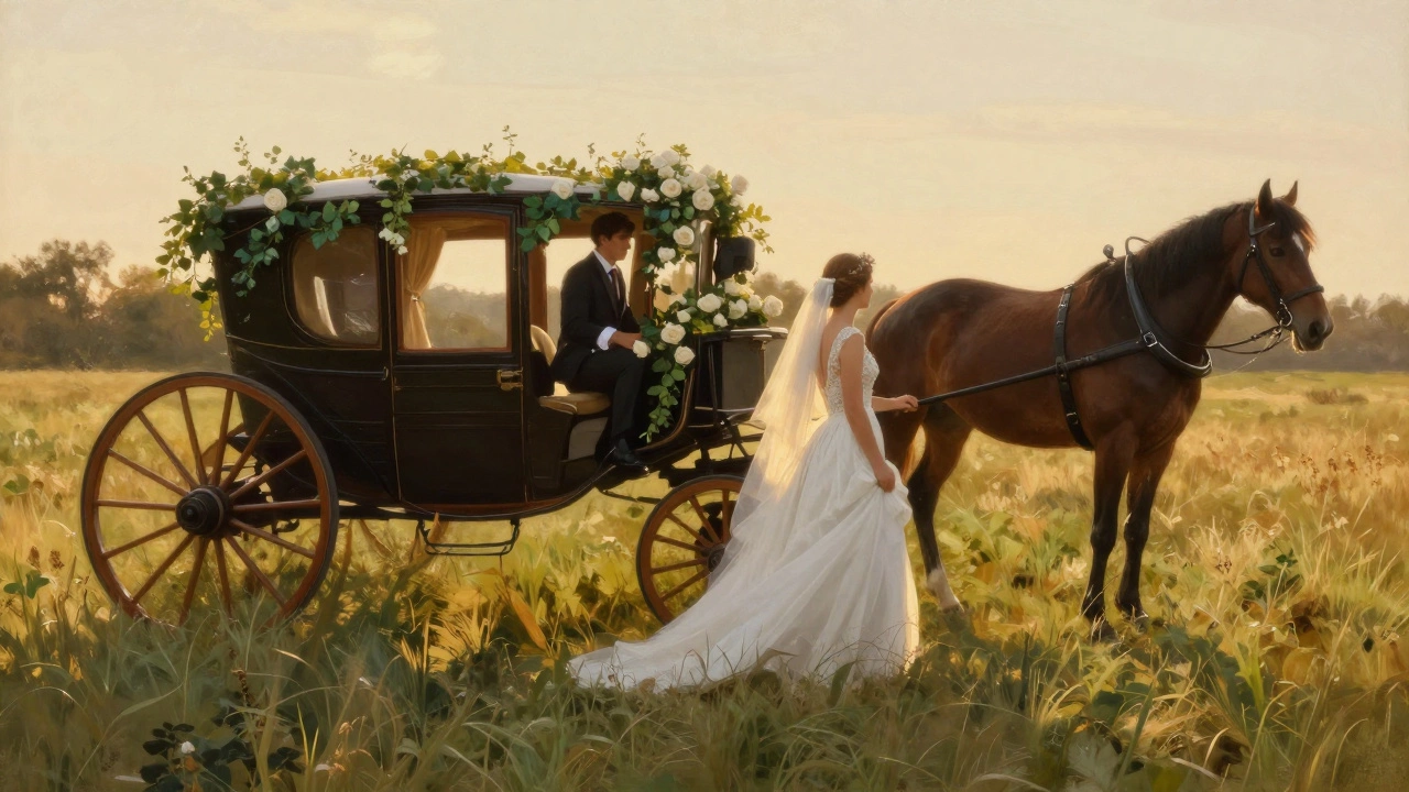 Bride walking barefoot through grass toward a horse-drawn carriage surrounded by flowers and sunlight.