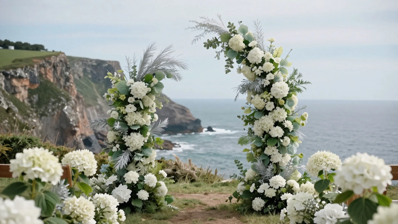 Coastal wedding flowers including white hydrangeas and seafoam green foliage beside ocean cliffs.