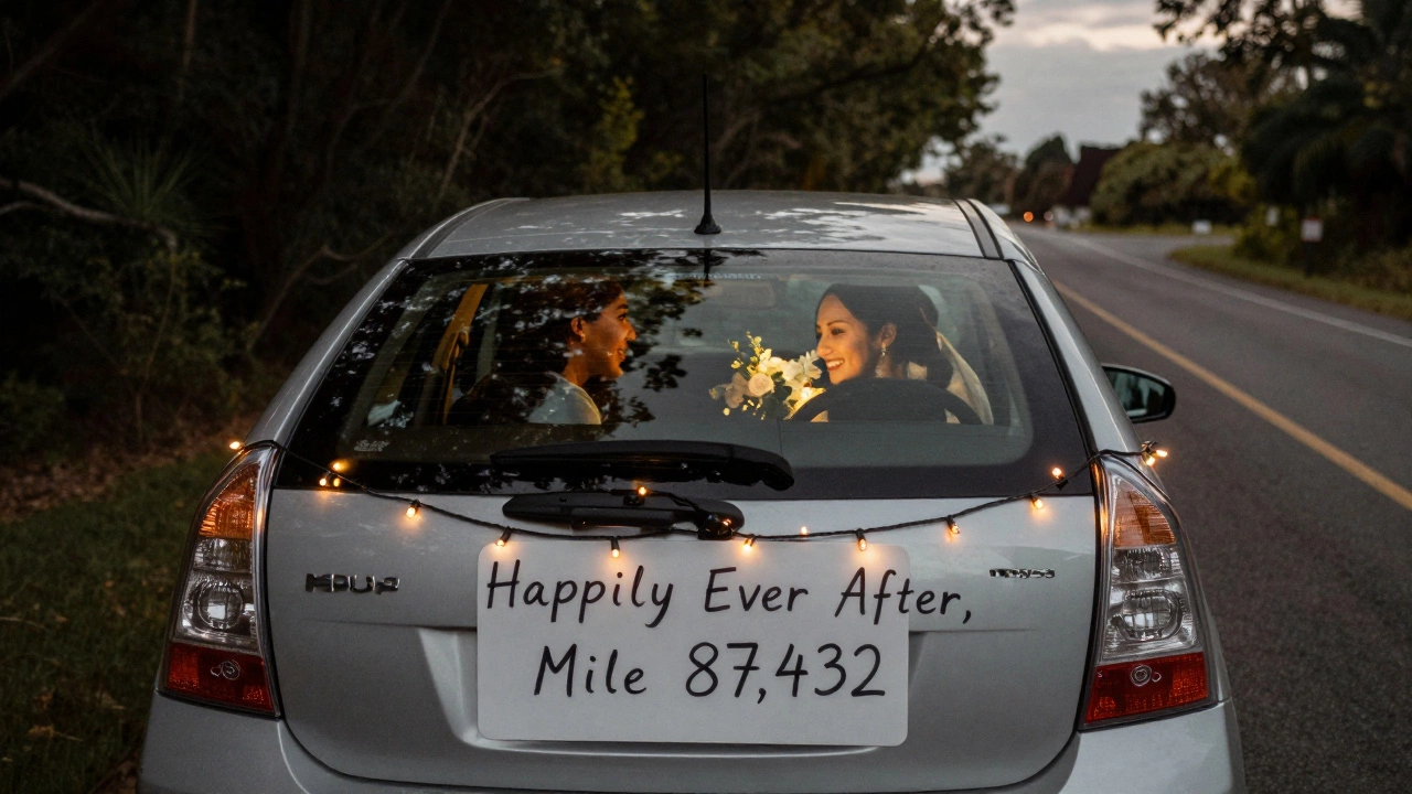 Couple driving their decorated Prius down a road at dusk, fairy lights glowing softly inside.