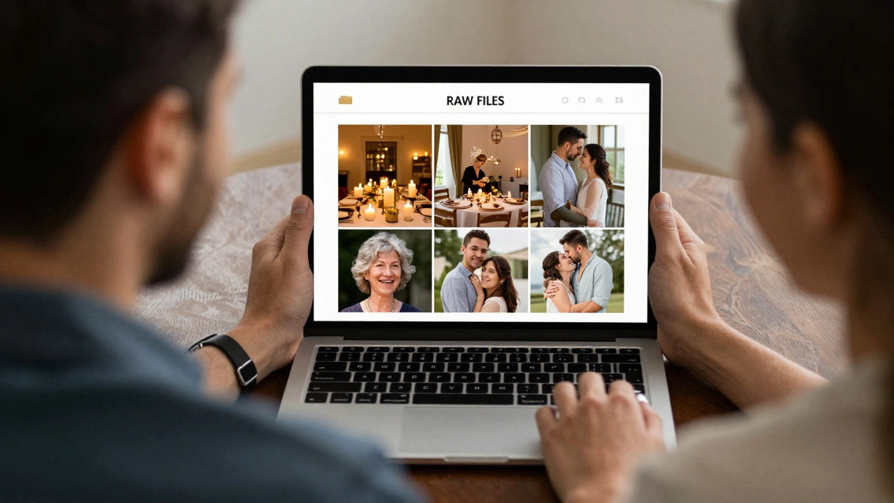 Couple smiling at an online gallery of edited wedding photos on a tablet.