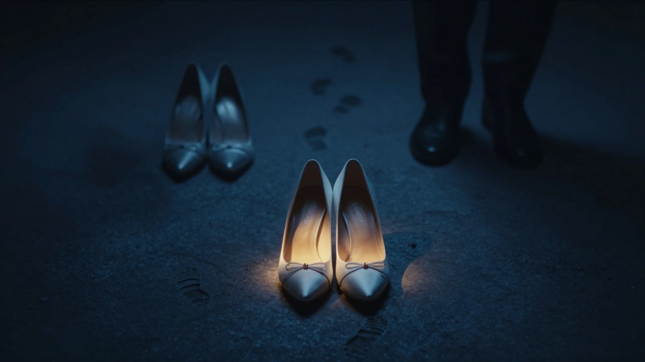 Glowing wedding shoes surrounded by shadowy footwear in a symbolic composition.