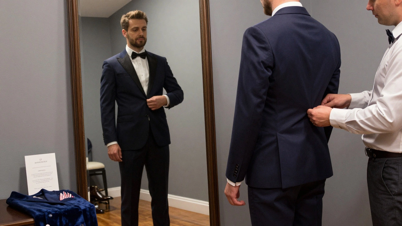 Groom trying on suit with tailor pinning waist, dress shoes nearby