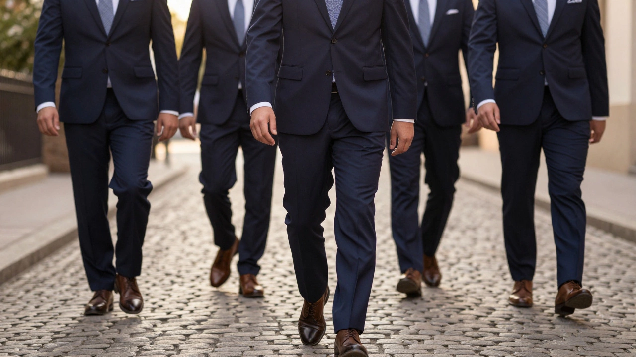 Groom walking confidently in navy suit on cobblestone street at sunset