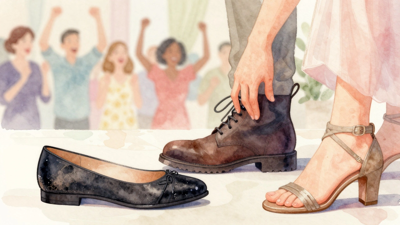 Hands touching different types of shoes in a soft watercolor wedding setting.