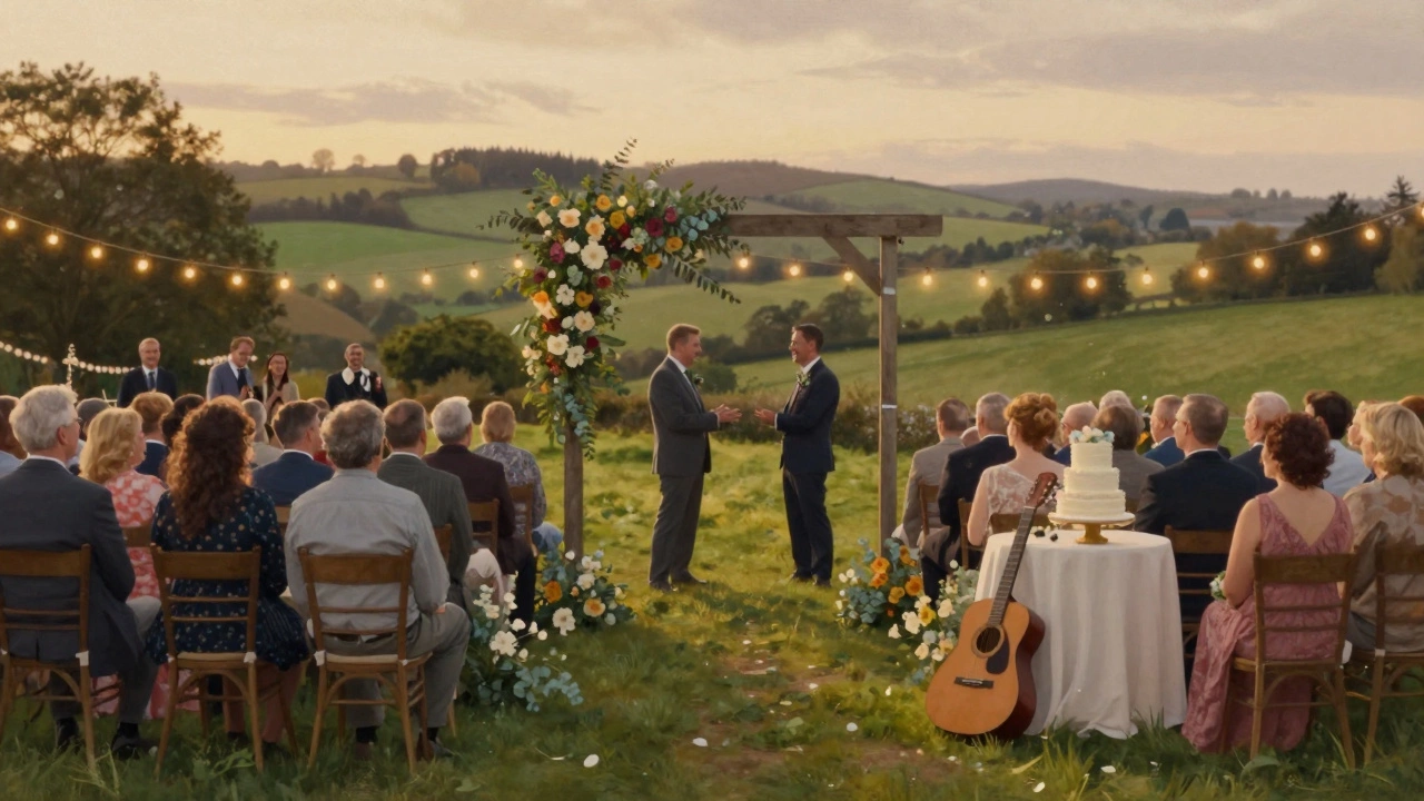 Intimate barn wedding in County Wicklow with seasonal flowers and guests under string lights.