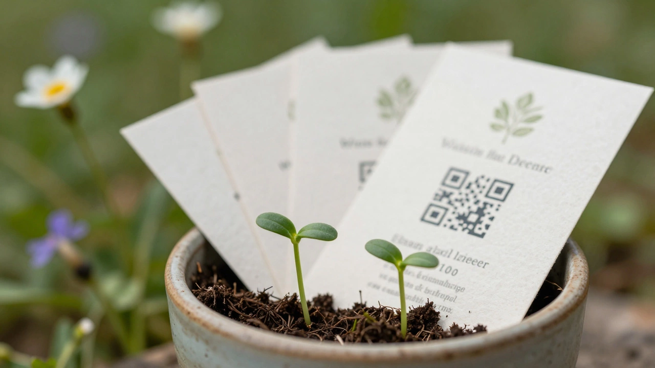 Plantable seed paper wedding invites sprouting green shoots in a ceramic pot with wildflowers.