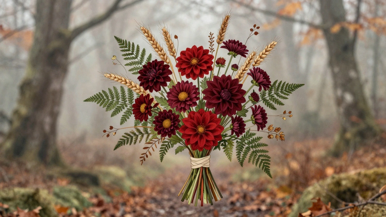 Rustic fall bouquet with dahlias, chrysanthemums, wheat, and ferns against a misty forest backdrop.