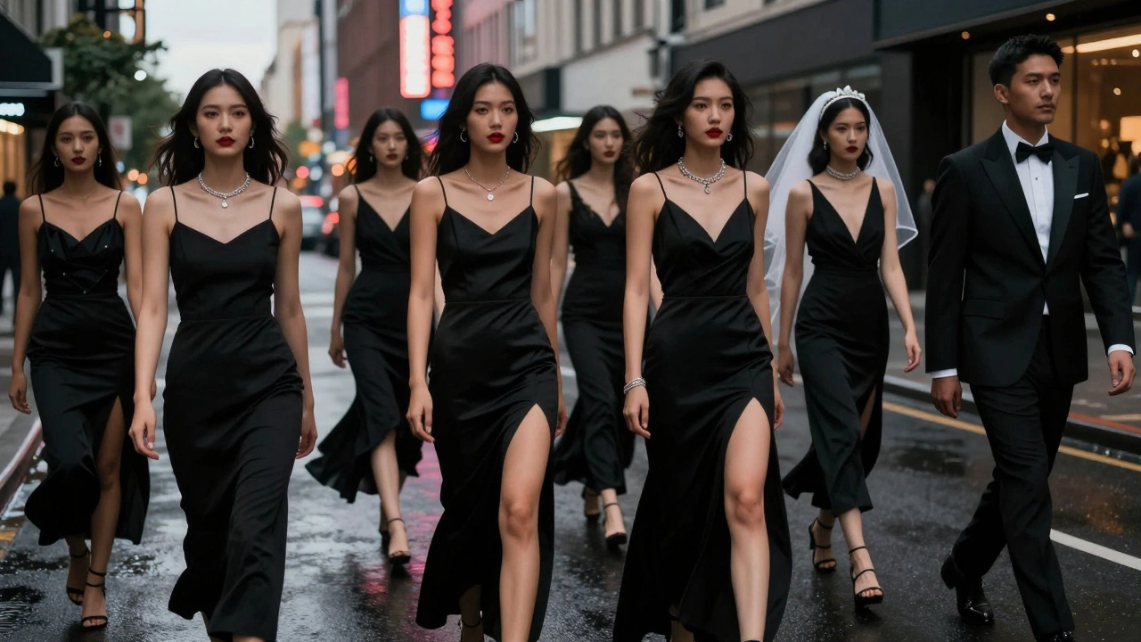 Three brides in different black wedding dresses walk together through a city street at dusk, wearing bold accessories and glowing under neon lights.