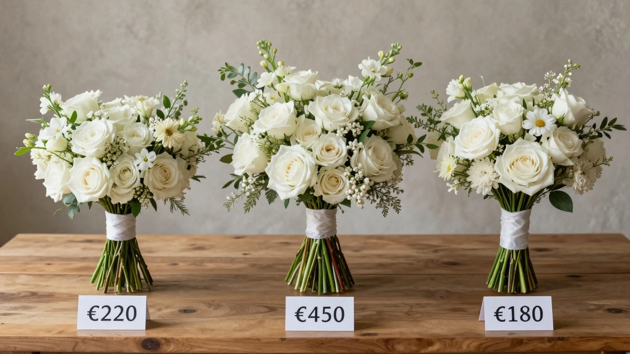 Three wedding bouquets of different sizes and styles displayed side by side on a wooden table.