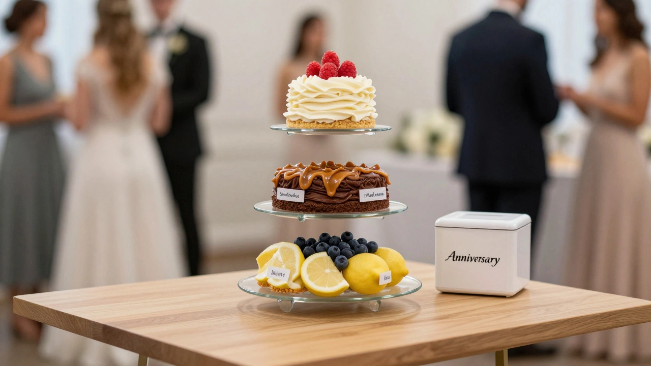 Transparent display of three flavored cake tiers with a freezer box for the top tier beside them.