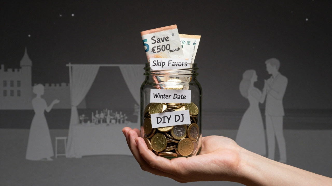 Transparent jar filled with savings notes and coins symbolizing smart wedding planning.