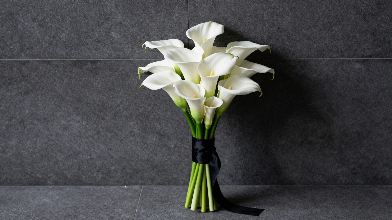 White calla lilies with black ribbon ties against a dark stone wall in minimalist style.